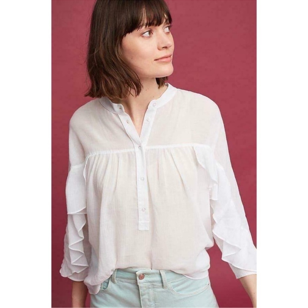 Maeve Anthropologie White Ruffle Henley Top